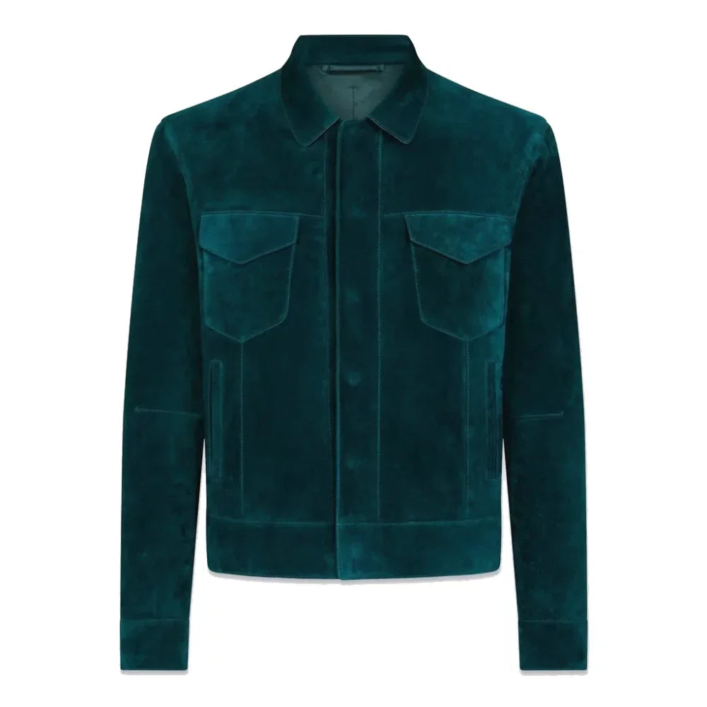 Suede jacket featuring two front pockets and full sleeves