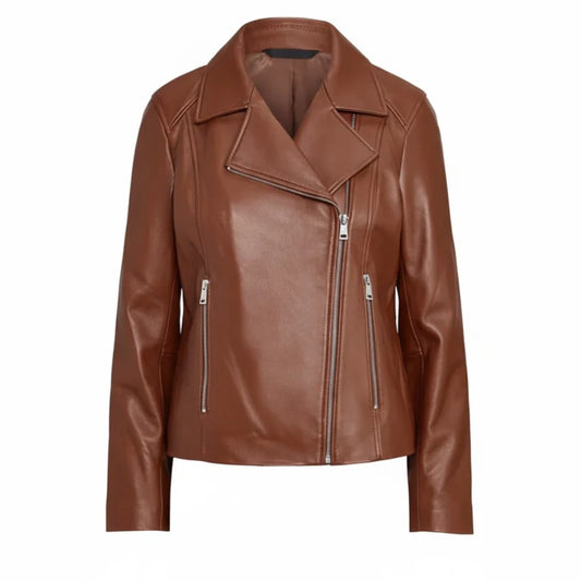 Ladies Brown Leather Moto Jacket