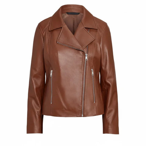 Ladies Brown Leather Moto Jacket