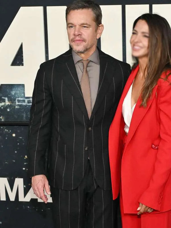 Black pinstripe suit with multiple pockets