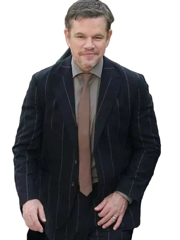 Black pinstripe suit with multiple pockets