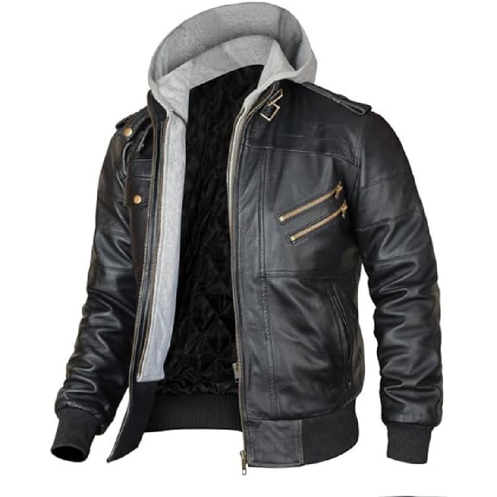 Mens Black Biker Style Bomber Hooded Leather Jacket