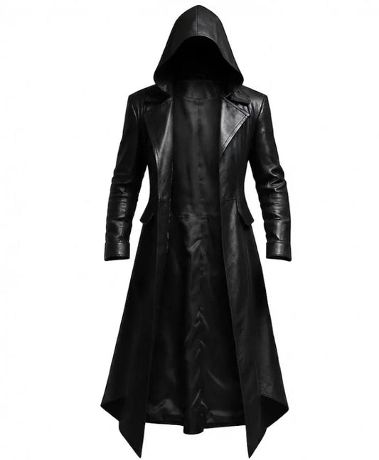 Halloween Gothic Vampire Black Real Leather Trench Coat
