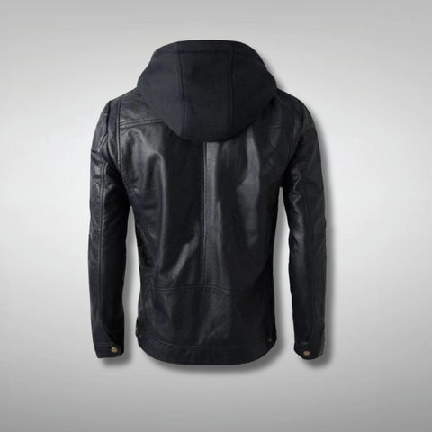 Mens Hooded Biker Black Leather Jacket