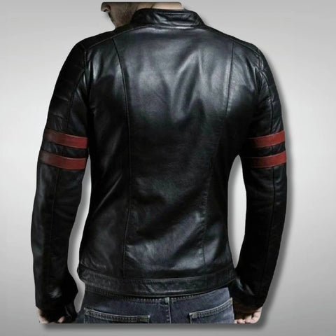 Red Stripes Black Biker Leather Jacket