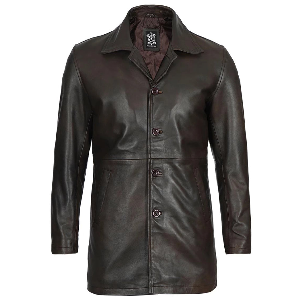 Mens Dark Brown Brown Leather Coat