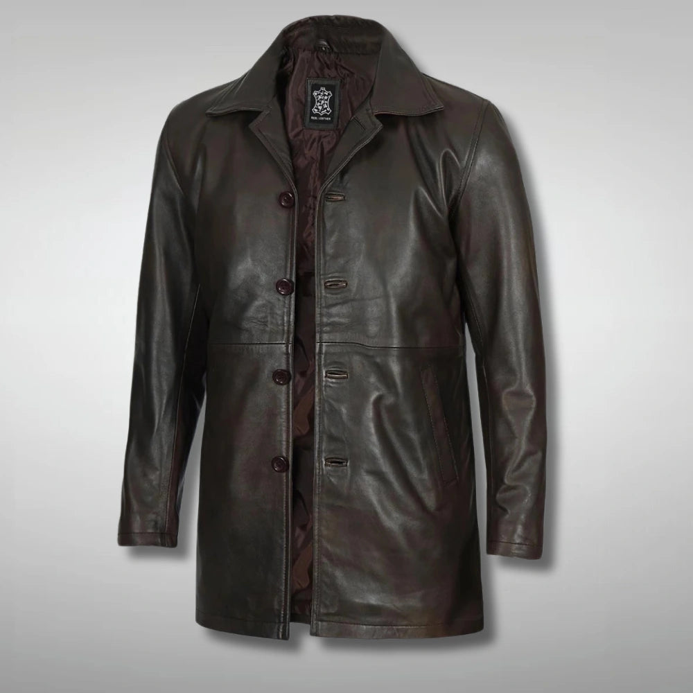 Mens Brown Leather Long Coat
