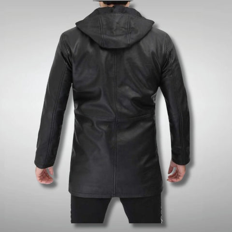 Mens Black Hooded Leather Coat
