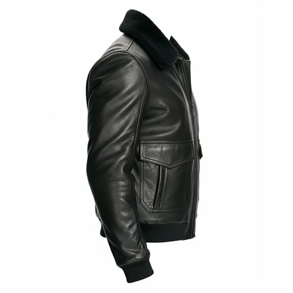 Mens Black Leather Bomber Coat