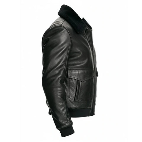 Mens Black Leather Bomber Coat