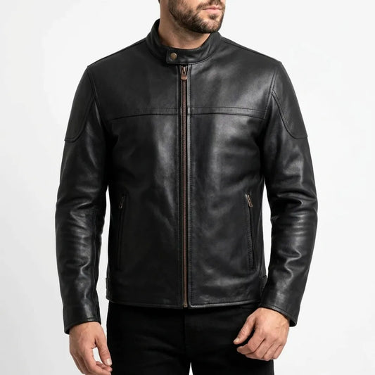 Mens Snap Tab Collar Black Motorcycle Leather Jacket