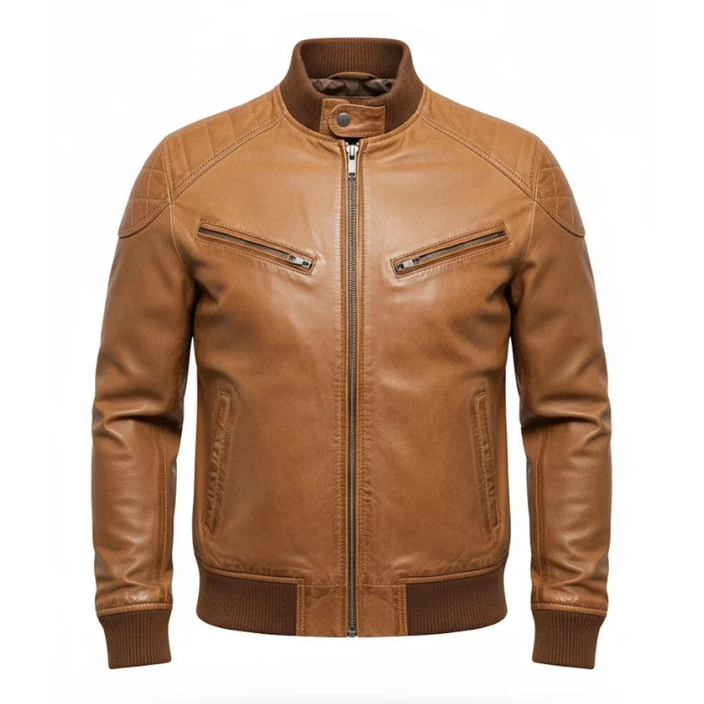 Mens Tan Shearling Bomber Jacket