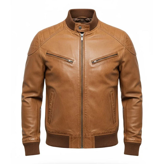 Mens Tan Shearling Bomber Jacket
