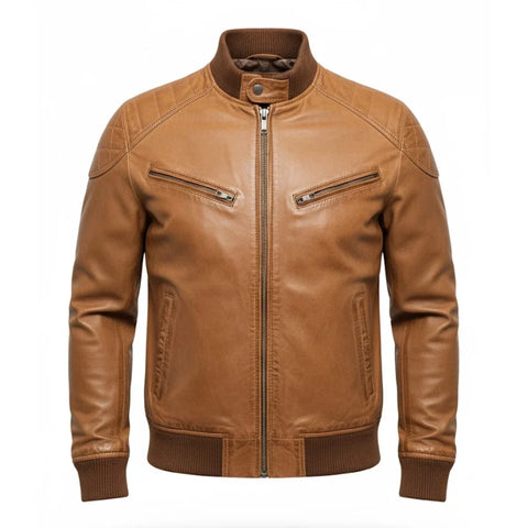 Mens Tan Shearling Bomber Jacket