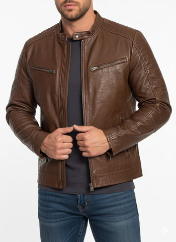 Mens Waxed Sheepskin Fashion Leather Jacket Brown