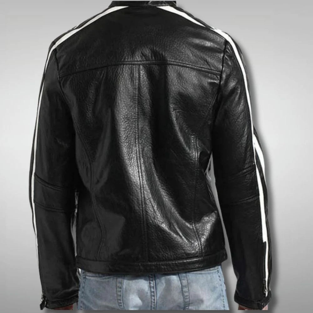 Mens Black White Stripe Motorcycle leather  Jacket