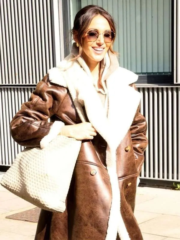 Post-Show-London-Michelle-Keegan-Shearling-Brown-Leather-Trench-Coat