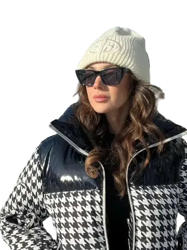 Michelle Keegan Houndstooth Puffer Ski Jacket front view