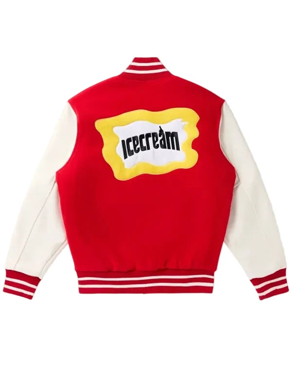 Red white varsity jacket with buttoned-style closure and rib-knitted cuffs