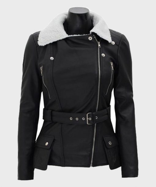 Natalie Shearling Leather Black Belted Biker Jacket