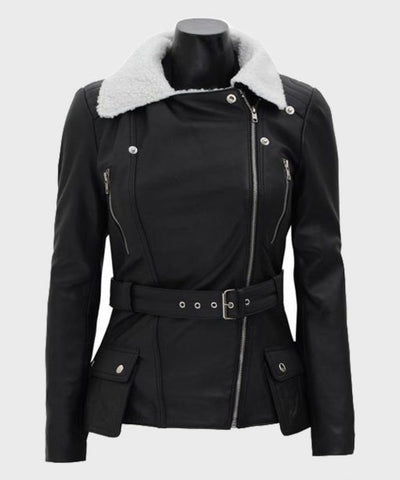 Natalie Shearling Leather Black Belted Biker Jacket