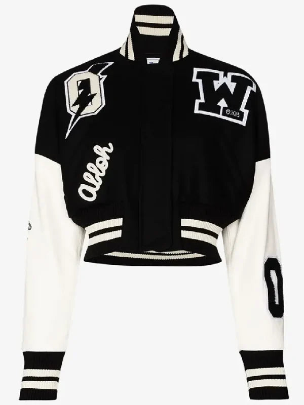 Off  Black and White Cropped Bomber Wool Varsity Jacket