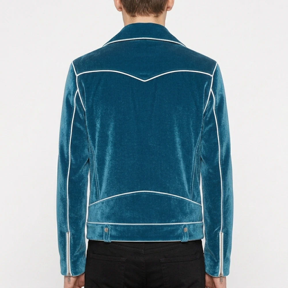 Power Ballad 2026 Nick Jonas Blue Velvet Biker Jacket