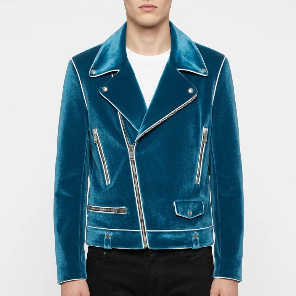 Power Ballad 2026 Nick Jonas Blue Velvet Biker Jacket