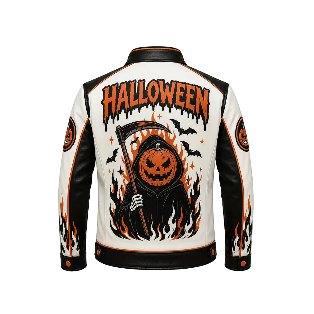 Pumpkin Skull Halloween Leather Jacket for Men
