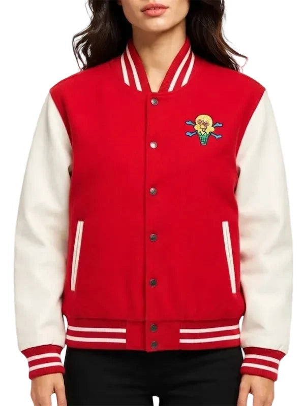Red white varsity jacket with buttoned-style closure and rib-knitted cuffs
