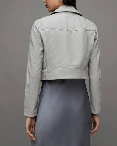 All Saints Elora Grey Cropped Leather Biker Jacket