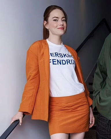 Press Junket Kinds of Kindness Emma Stone Orange Blazer