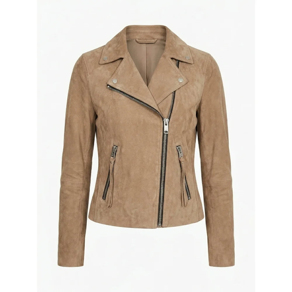 Shop Women’s Tan Suede Biker Jacket In Asymmetric Style Today