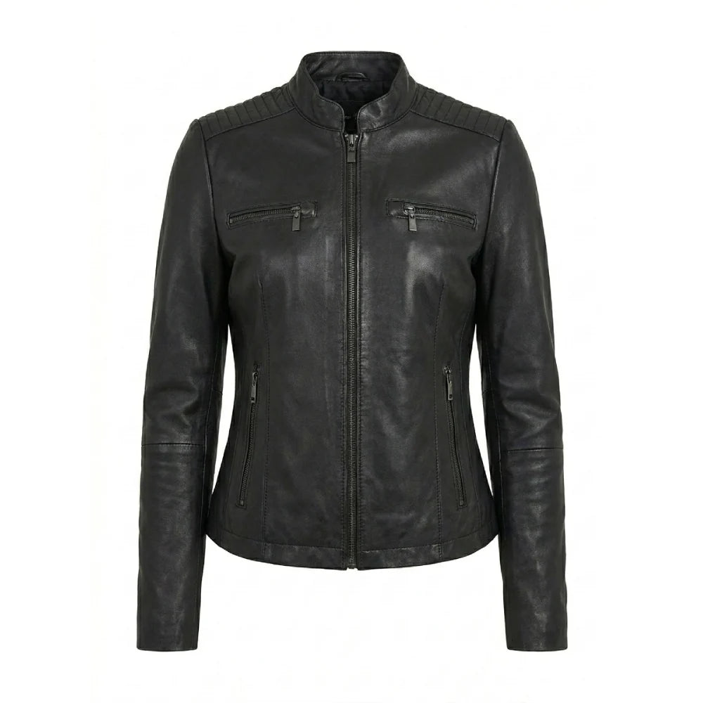 Shop black leather biker jacket women