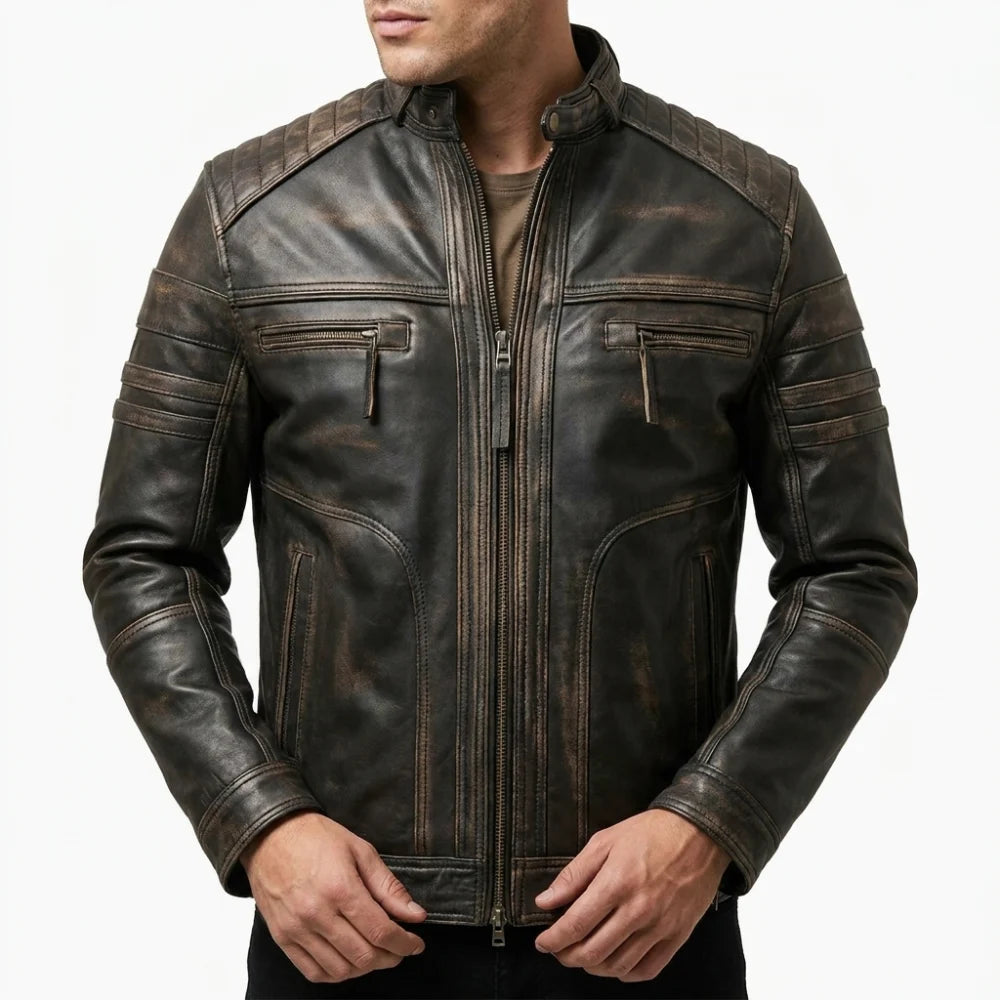Shop distressed brown biker leather jacket for men