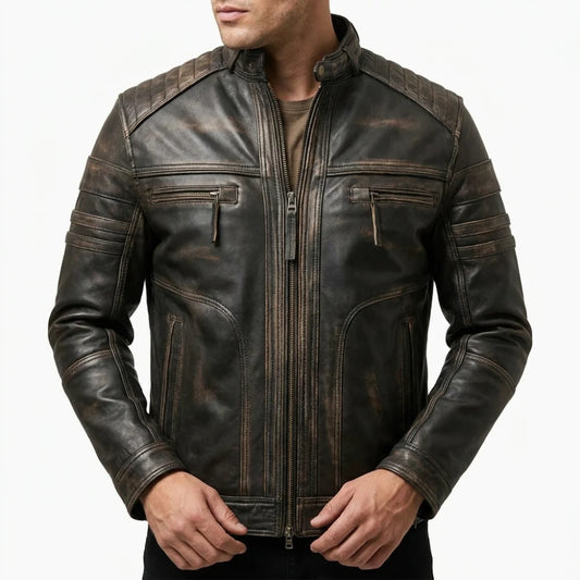 Shop distressed brown biker leather jacket for men