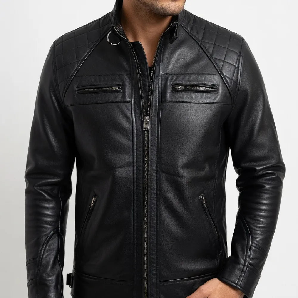 Shop men black leather biker jacket quilted shoulders