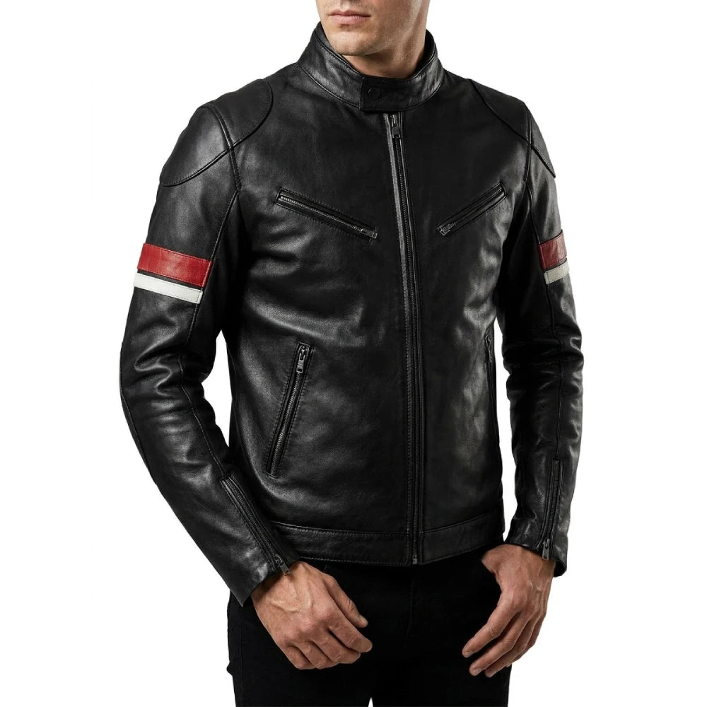 Shop mens black biker leather jacket red stripes