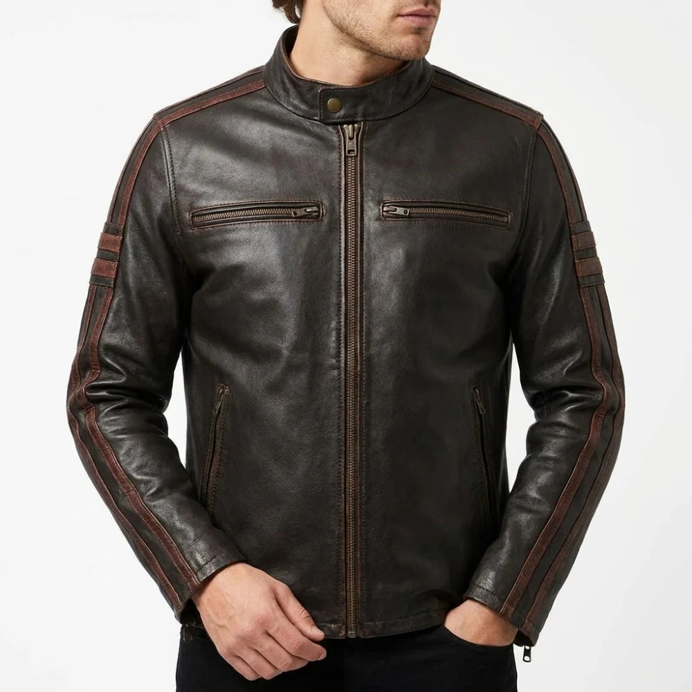 Shop mens black cafe racer leather jacket stripe