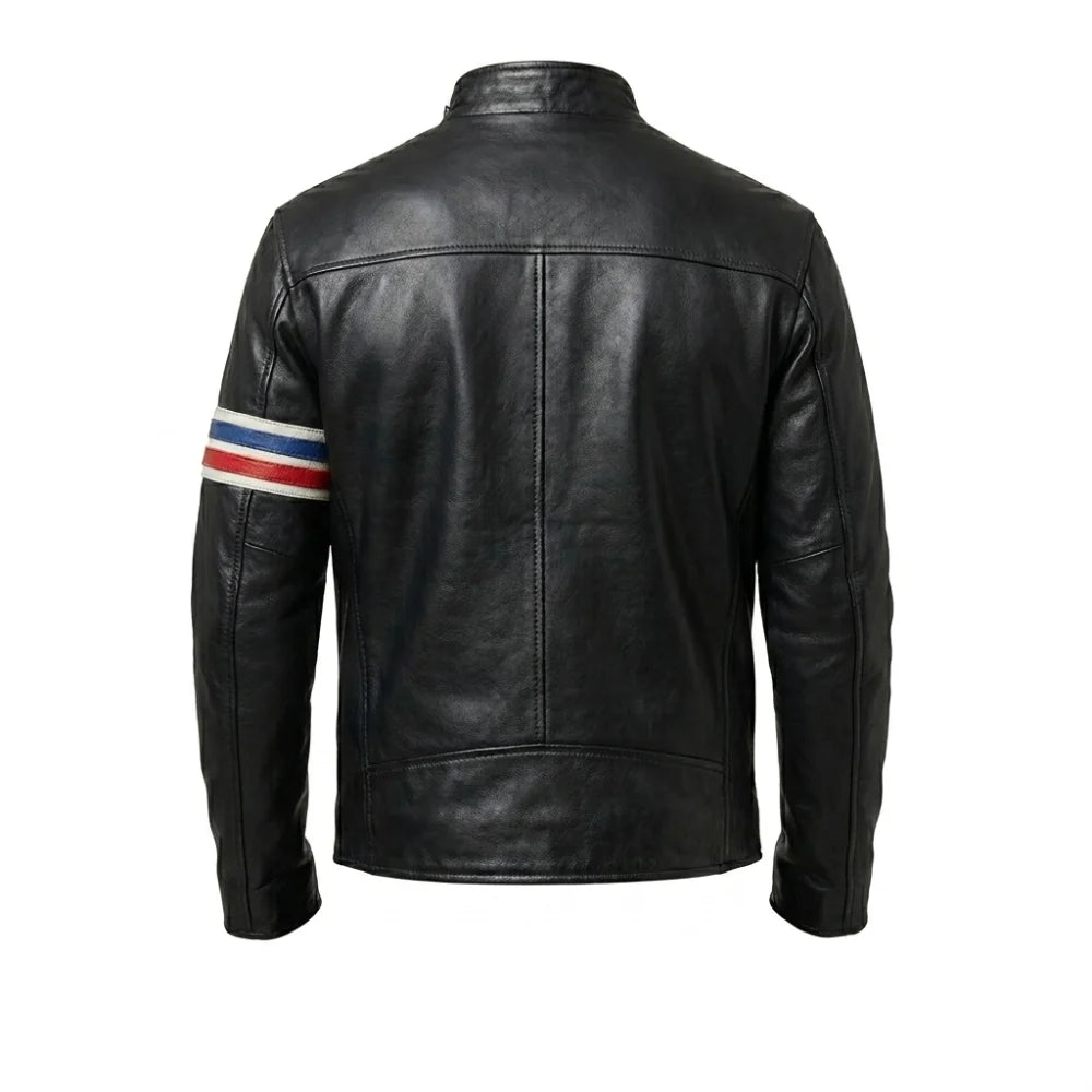 Shop mens black leather biker stripe jacket