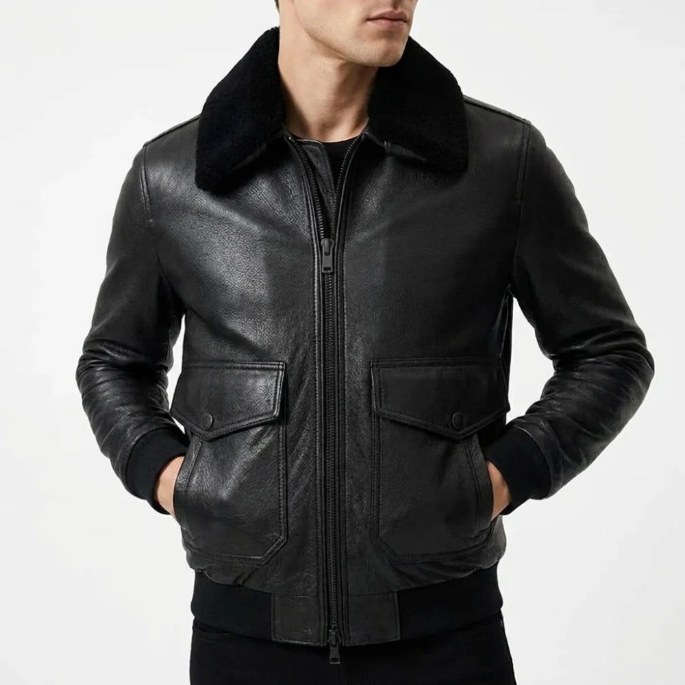 Shop mens black leather bomber jacket fur collar