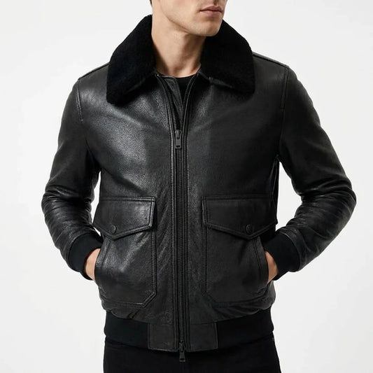 Shop mens black leather bomber jacket fur collar