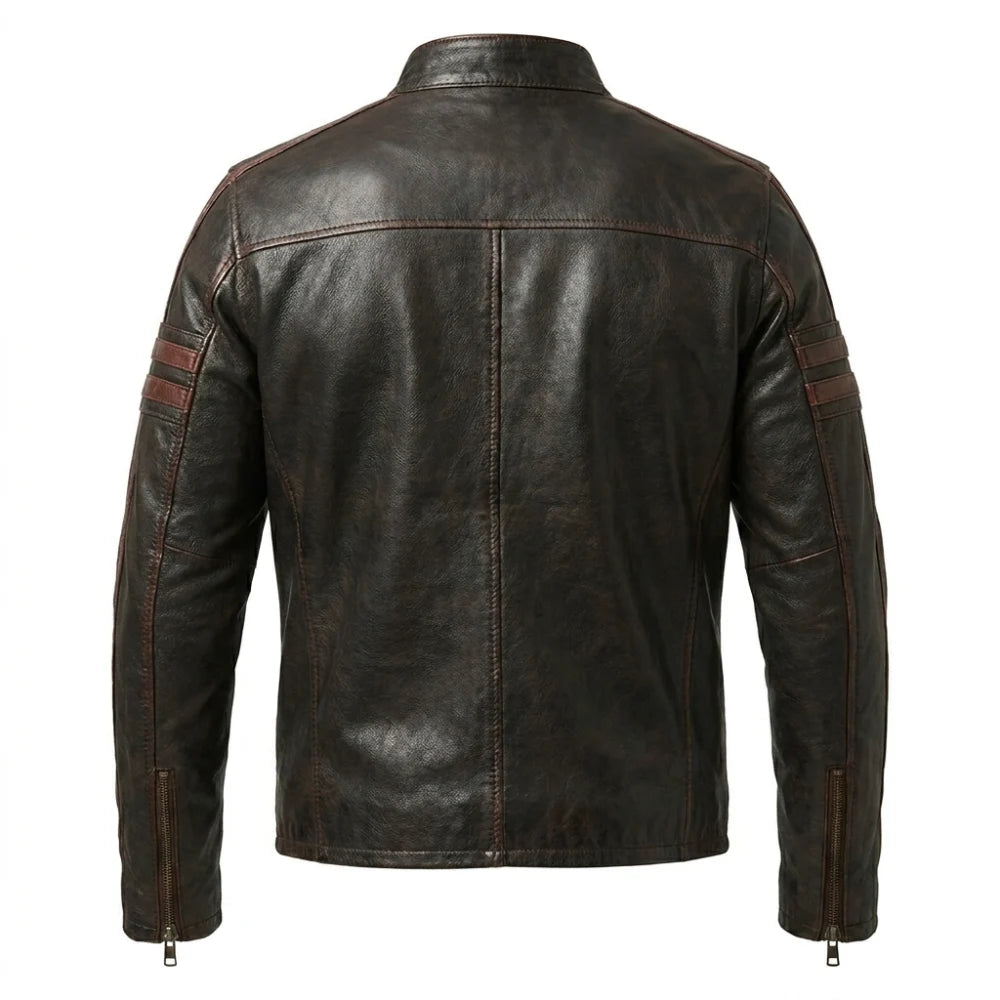 Shop mens black leather racer jacket stripe sleeves