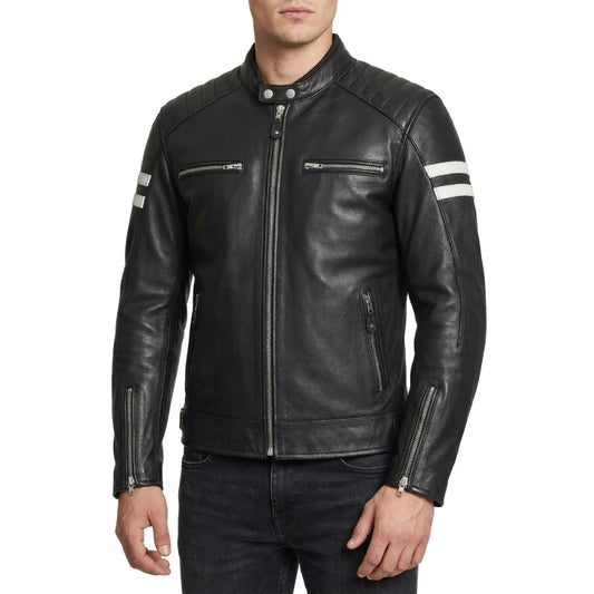 Shop mens black padded motorcycle leather jacket