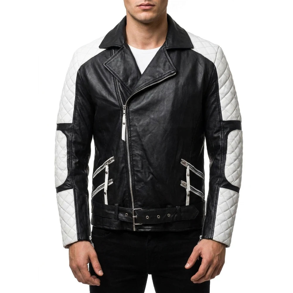 Shop mens black white biker leather jacket