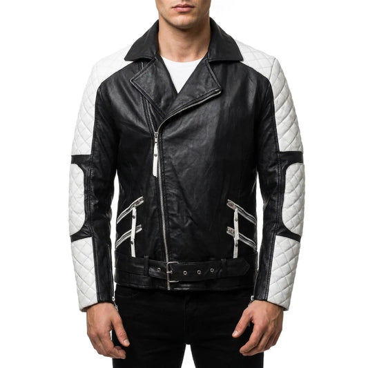 Shop mens black white biker leather jacket