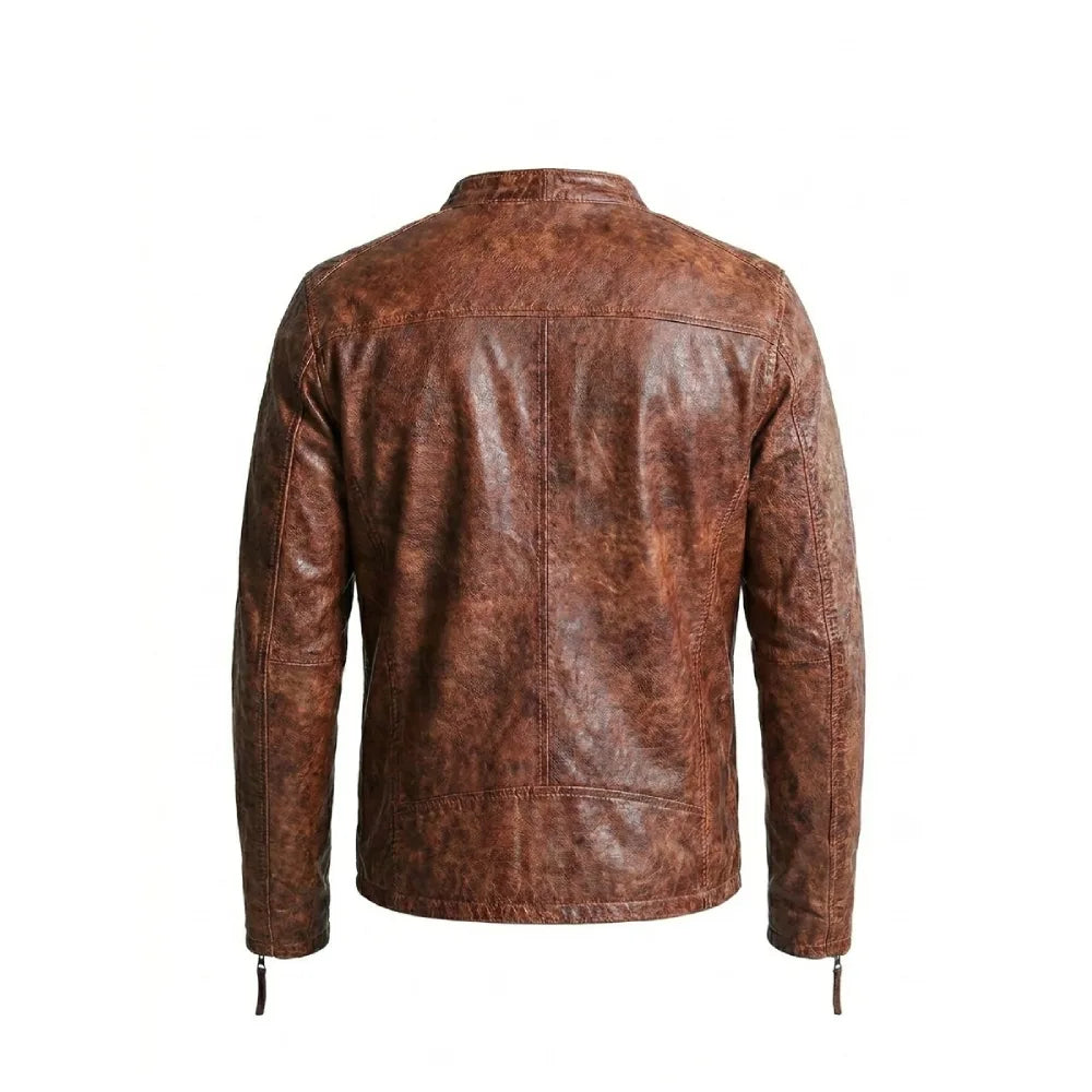 Shop mens brown distressed leather biker jacket slim