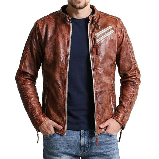 Shop mens distressed brown leather biker jacket slim