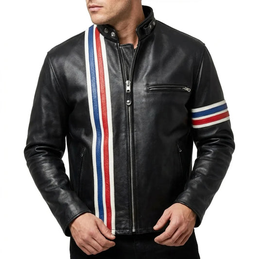 Shop mens striped black leather biker jacket