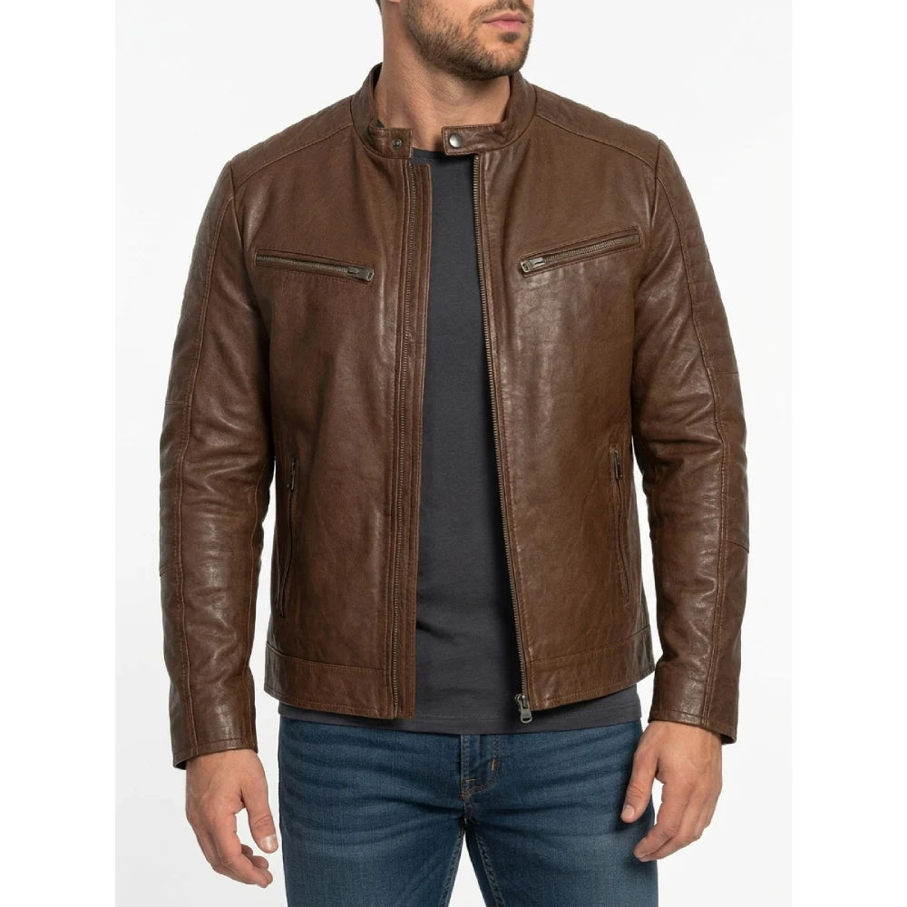 Shop mens waxed sheepskin chocolate brown leather jacket
